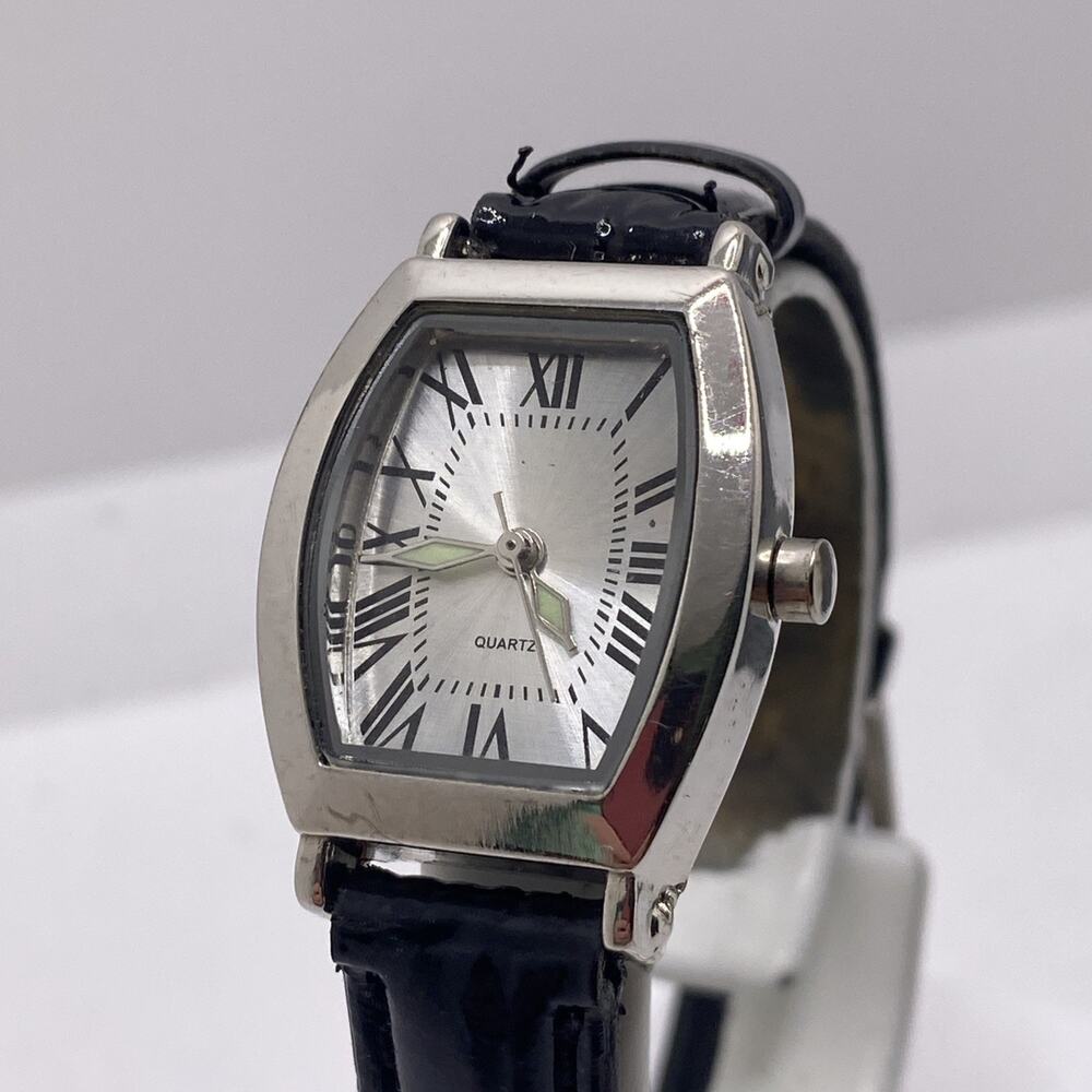 Womens Black Leather Silver Watch New Battery